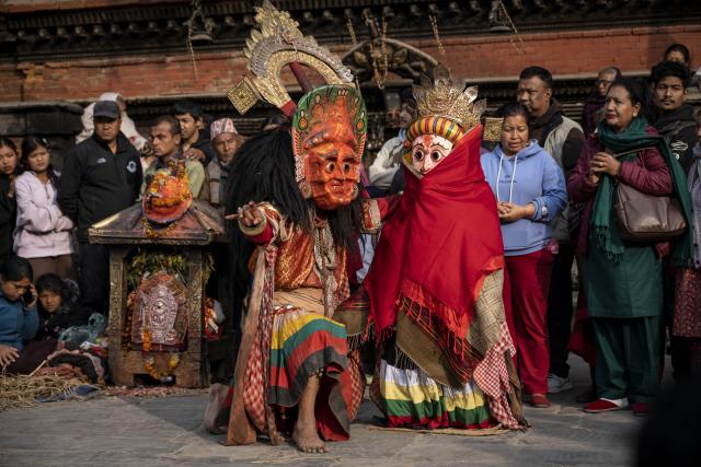 (260209) -- BHAKTAPUR, Feb. 9, 2026 (Xinhua) -- Masked dancers in traditional attire perform mask dance of Mahakali Naach in Bhaktapur, Nepal, on Feb. 8, 2026. (Photo by Hari Maharjan/Xinhua)