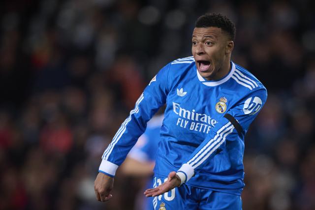 (260209) -- VALENCIA, Feb. 9, 2026 (Xinhua) -- Kylian Mbappe of Real Madrid reacts during the La Liga football match between Valencia CF and Real Madrid in Valencia, Spain, Feb. 8, 2026. (Str/Xinhua)