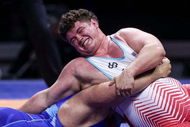 (260209) -- ZAGREB, Feb. 9, 2026 (Xinhua) -- Michael Schultz (R) of the United States competes against Riza Kayaalp of Türkiye during the Men's Greco-Roman 130kg weight class gold medal match at the UWW Grand Prix Ranking Series Zagreb Open 2026 in Zagreb, Croatia, Feb. 8, 2026. (Photo by Igor Kralj/PIXSELL via Xinhua)