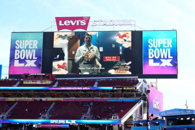 (260209) -- SANTA CLARA, Feb. 9, 2026 (Xinhua) -- NFL Lunar New Year of the Horse Zodiac Art Football is seen before the NFL Super Bowl LX between Seattle Seahawks and New England Patriots in Santa Clara, the United States, Feb. 8, 2026. (NFL/Handout via Xinhua)