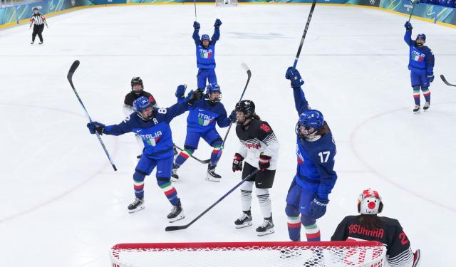 (260209) -- MILAN, Feb. 9, 2026 (Xinhua) -- Matilde Fantin (3rd R) of Italy celebrates her goal during the ice hockey women's preliminary round group B match between Japan and Italy at the Milan-Cortina 2026 Olympic Winter Games in Milan, Italy, Feb. 9, 2026. (Xinhua/Tao Xiyi)