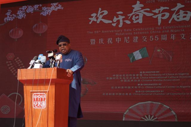 (260209) -- ABUJA, Feb. 9, 2026 (Xinhua) -- Joseph Tegbe, director-general of the Nigeria-China Strategic Partnership, speaks during a temple fair to mark the 2026 Spring Festival celebrations and commemorate the 55th anniversary of diplomatic relations between China and Nigeria in Abuja, Nigeria, Feb. 7, 2026. The Chinese community in Nigeria's capital city of Abuja, together with Nigerian partners, on Saturday held the event. (China Cultural Center in Abuja/Handout via Xinhua)
