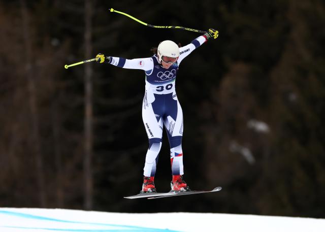 (260209) -- CORTINA D'AMPEZZO, Feb. 9, 2026 (Xinhua) -- Elisa Maria Negri of the Czech Republic takes part in the downhill 1st official training of the alpine skiing women's team combined at the Milan-Cortina 2026 Olympic Winter Games in Cortina, Italy, Feb. 9, 2026. (Xinhua/Zhang Chenlin)