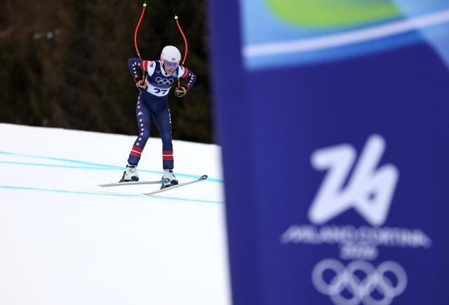 (260209) -- CORTINA D'AMPEZZO, Feb. 9, 2026 (Xinhua) -- Keely Cashman of the United States takes part in the downhill 1st official training of the alpine skiing women's team combined at the Milan-Cortina 2026 Olympic Winter Games in Cortina, Italy, Feb. 9, 2026. (Xinhua/Zhang Chenlin)