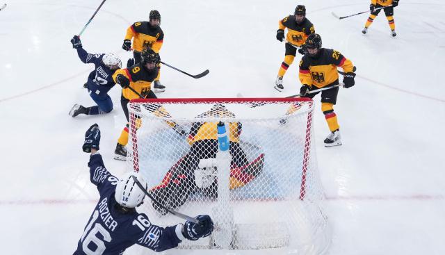 (260209) -- MILAN, Feb. 9, 2026 (Xinhua) -- Players of France celebrate a goal during the ice hockey women's preliminary round group B match between Germany and France at the Milan-Cortina 2026 Olympic Winter Games in Milan, Italy, Feb. 9, 2026. (Xinhua/Wang Kaiyan)