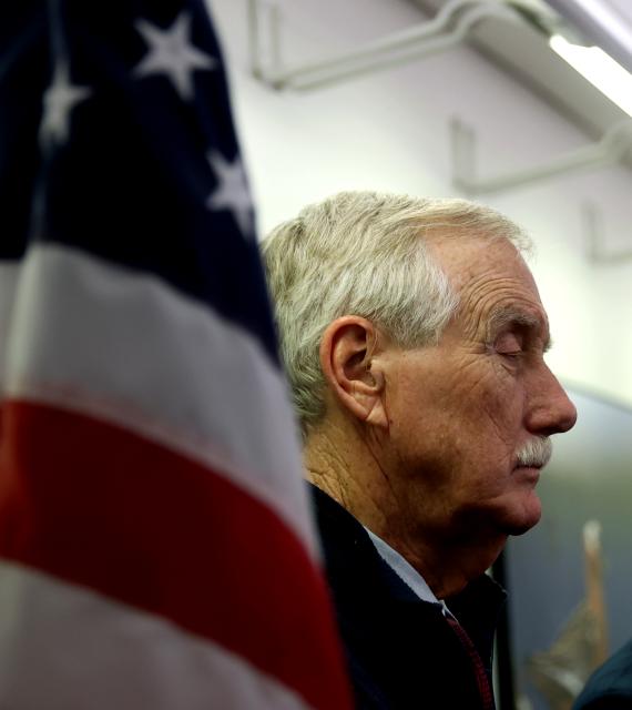 (260209) -- NUUK, Feb. 9, 2026 (Xinhua) -- U.S. Independent Senator Angus King of Maine attends a press conference in Nuuk, Greenland's capital, an autonomous territory of Denmark, Feb. 9, 2026. A U.S. congressional delegation visiting Greenland on Monday dismissed U.S. President Donald Trump's claim that the island is "all over" with Russian and Chinese vessels, calling the assertion "not true." (Xinhua/Li Ying)