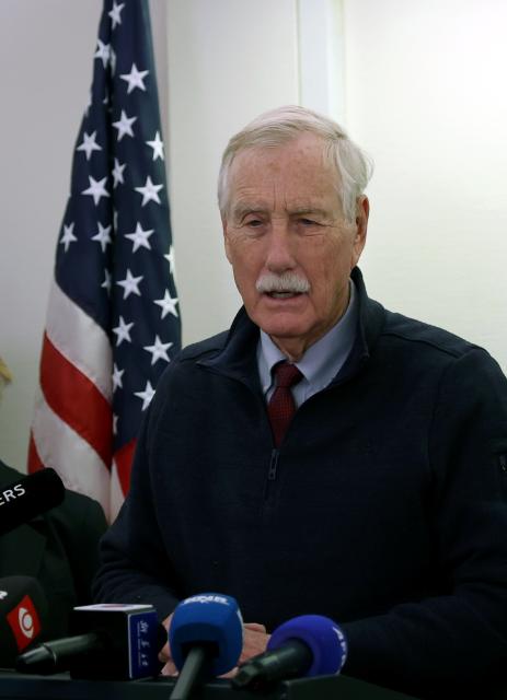 (260209) -- NUUK, Feb. 9, 2026 (Xinhua) -- U.S. Independent Senator Angus King of Maine speaks during a press conference in Nuuk, Greenland's capital, an autonomous territory of Denmark, Feb. 9, 2026. A U.S. congressional delegation visiting Greenland on Monday dismissed U.S. President Donald Trump's claim that the island is "all over" with Russian and Chinese vessels, calling the assertion "not true." (Xinhua/Li Ying)