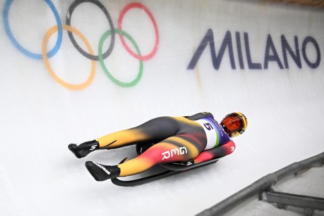 (260209) -- CORTINA D'AMPEZZO, Feb. 9, 2026 (Xinhua) -- Merle Malou Fraebel of Germany competes during the luge women's singles run 2 at the Milan-Cortina 2026 Olympic Winter Games in Cortina, Italy, Feb. 9, 2026. (Xinhua/Lian Yi)