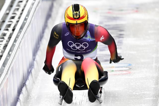 (260209) -- CORTINA D'AMPEZZO, Feb. 9, 2026 (Xinhua) -- Merle Malou Fraebel of Germany competes during the luge women's singles run 1 at the Milan-Cortina 2026 Olympic Winter Games in Cortina, Italy, Feb. 9, 2026. (Xinhua/Lian Yi)