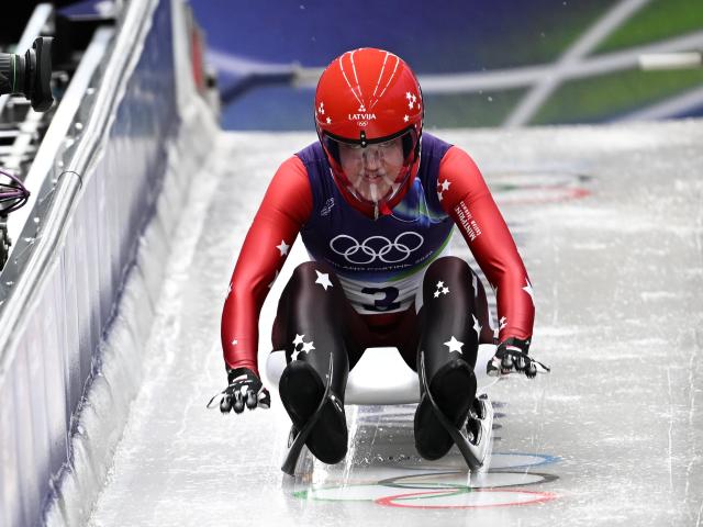 (260209) -- CORTINA D'AMPEZZO, Feb. 9, 2026 (Xinhua) -- Elina Bota of Latvia competes during the luge women's singles run 1 at the Milan-Cortina 2026 Olympic Winter Games in Cortina, Italy, Feb. 9, 2026. (Xinhua/Lian Yi)
