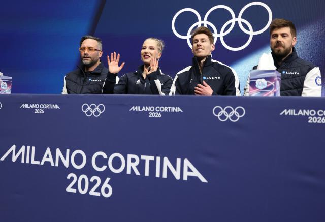 (260210) -- MILAN, Feb. 10, 2026 (Xinhua) -- Juulia Turkkila (2nd L)/Matthias Versluis (2nd R) of Finland attend the rhythm dance of figure skating ice dance competition at the Milan-Cortina 2026 Olympic Winter Games in Milan, Italy, Feb. 9, 2026. (Xinhua/Chen Yichen)