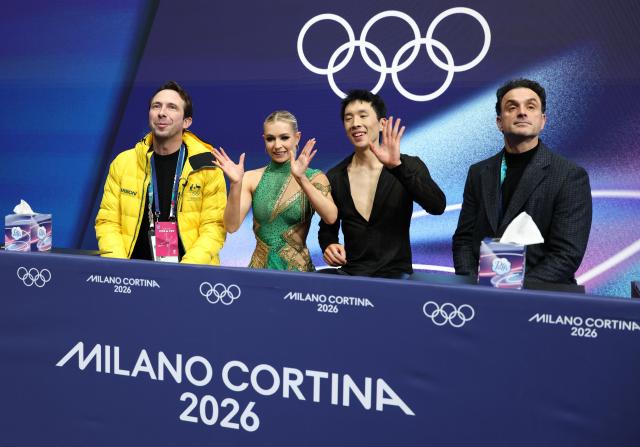 (260209) -- MILAN, Feb. 9, 2026 (Xinhua) -- Holly Harris (2nd L)/Jason Chan (2nd R) of Australia attend the rhythm dance of figure skating ice dance competition at the Milan-Cortina 2026 Olympic Winter Games in Milan, Italy, Feb. 9, 2026. (Xinhua/Chen Yichen)