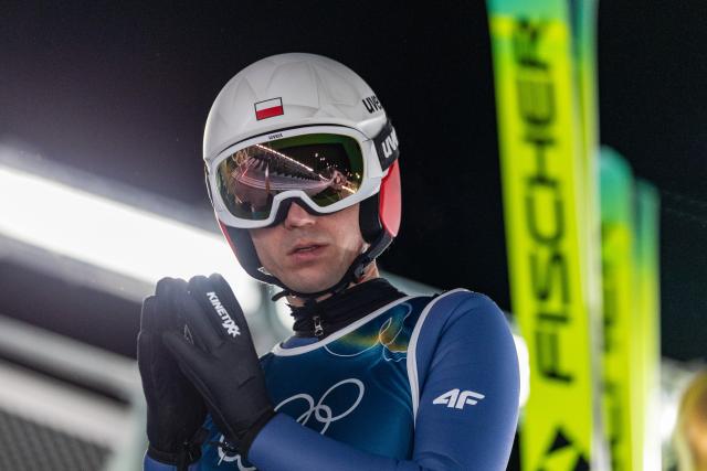 (260210) -- PREDAZZO, Feb. 10, 2026 (Xinhua) -- Kamil Stoch of Poland reacts during the Ski Jumping Men's Normal Hill Individual of the 2026 Milan-Cortina Winter Olympics in Predazzo, Italy, Feb. 9, 2026. (Xinhua/Huang Wei)