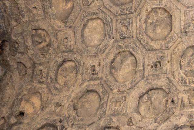 (260210) -- GORI, Feb. 10, 2026 (Xinhua) -- This photo taken on Jan. 30, 2026 shows a decorated cave ceiling at the ruins of the Uplistsikhe rock-hewn city near Gori, Georgia. The Uplistsikhe rock-hewn city ruins is located on a high rocky hill on the bank of the Kura River near Gori in Georgia. It has been on the UNESCO World Heritage Tentative List since 2007. (Xinhua/Chen Junfeng)