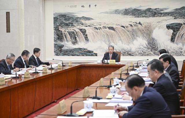 (260210) -- BEIJING, Feb. 10, 2026 (Xinhua) -- Zhao Leji, chairman of the National People's Congress (NPC) Standing Committee, presides over a meeting of the Council of Chairpersons of the NPC Standing Committee at the Great Hall of the People in Beijing, capital of China, Feb. 10, 2026. (Xinhua/Zhang Ling)