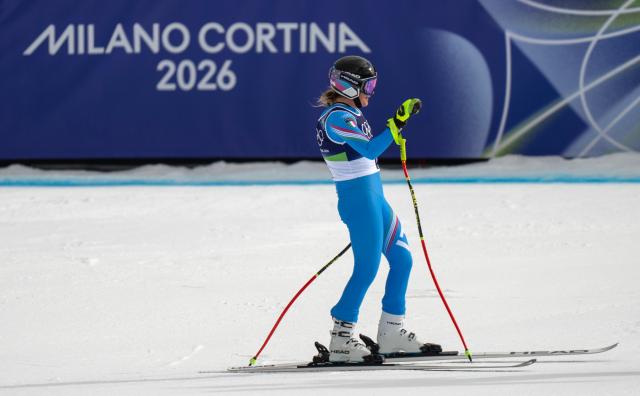 (260210) -- CORTINA D'AMPEZZO, Feb. 10, 2026 (Xinhua) -- Laura Pirovano of Italy reacts after the downhill race of the alpine skiing women's team combined at the Milan-Cortina 2026 Olympic Winter Games in Cortina, Italy, Feb. 10, 2026. (Xinhua/Fei Maohua)