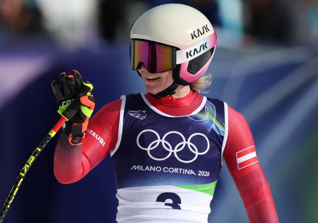 (260210) -- CORTINA D'AMPEZZO, Feb. 10, 2026 (Xinhua) -- Ariane Raedler of Austria reacts after the downhill race of the alpine skiing women's team combined at the Milan-Cortina 2026 Olympic Winter Games in Cortina, Italy, Feb. 10, 2026. (Xinhua/Zhang Chenlin)