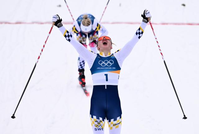 (260210) -- TESERO, Feb. 10, 2026 (Xinhua) -- Linn Svahn of Sweden reacts after the cross-country skiing women's sprint classic final at the Milan-Cortina 2026 Olympic Winter Games in Tesero, Italy, Feb. 10, 2026. (Xinhua/He Canling)
