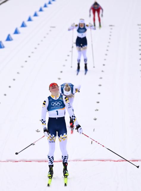 (260210) -- TESERO, Feb. 10, 2026 (Xinhua) -- Linn Svahn of Sweden reacts after the cross-country skiing women's sprint classic final at the Milan-Cortina 2026 Olympic Winter Games in Tesero, Italy, Feb. 10, 2026. (Xinhua/He Canling)
