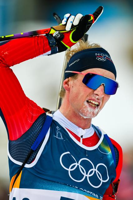 (260210) -- ANTERSELVA, Feb. 10, 2026 (Xinhua) -- Johan-Olav Botn of Norway celebrates after the biathlon men's 20km individual at the Milan-Cortina 2026 Olympic Winter Games in Anterselva, Italy, Feb. 10, 2026. (Xinhua/Jiang Han)