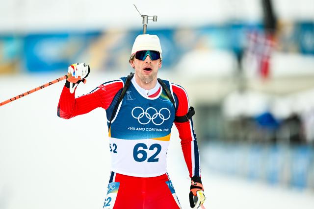 (260210) -- ANTERSELVA, Feb. 10, 2026 (Xinhua) -- Sturla Holm Laegreid of Norway celebrates after the biathlon men's 20km individual at the Milan-Cortina 2026 Olympic Winter Games in Anterselva, Italy, Feb. 10, 2026. (Xinhua/Jiang Han)