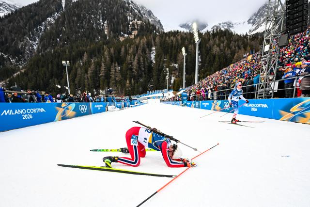 (260210) -- ANTERSELVA, Feb. 10, 2026 (Xinhua) -- Sturla Holm Laegreid of Norway reacts after the biathlon men's 20km individual at the Milan-Cortina 2026 Olympic Winter Games in Anterselva, Italy, Feb. 10, 2026. (Xinhua/Jiang Han)