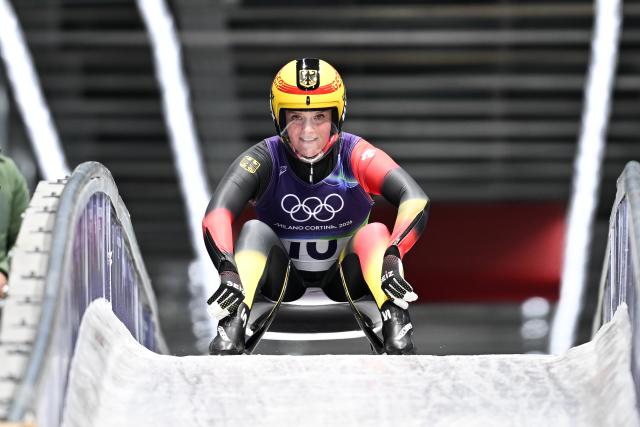 (260210) -- CORTINA D'AMPEZZO, Feb. 10, 2026 (Xinhua) -- Anna Berreiter of Germany reacts after the luge women's singles run 3 at the Milan-Cortina 2026 Olympic Winter Games in Cortina, Italy, Feb. 10, 2026. (Xinhua/Lian Yi)