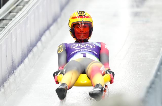 (260210) -- CORTINA D'AMPEZZO, Feb. 10, 2026 (Xinhua) -- Julia Taubitz of Germany competes during the luge women's singles run 3 at the Milan-Cortina 2026 Olympic Winter Games in Cortina, Italy, Feb. 10, 2026. (Xinhua/Li Gang)