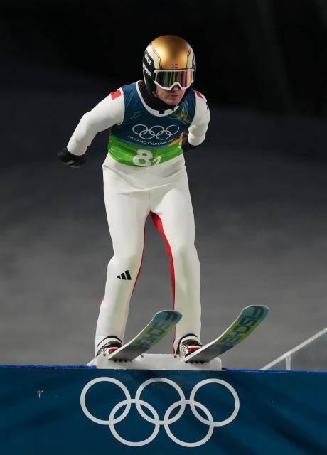 (260210) -- PREDAZZO, Feb. 10, 2026 (Xinhua) -- Kristoffer Eriksen Sundal of Norway competes during the trial round match of ski jumping mixed team at the Milan-Cortina 2026 Olympic Winter Games in Predazzo, Italy, Feb. 10, 2026. (Xinhua/Meng Yongmin)