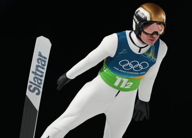 (260210) -- PREDAZZO, Feb. 10, 2026 (Xinhua) -- Anze Lanisek of Slovenia competes during the trial round match of ski jumping mixed team at the Milan-Cortina 2026 Olympic Winter Games in Predazzo, Italy, Feb. 10, 2026. (Xinhua/Meng Yongmin)