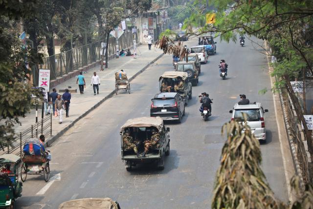(260211) -- DHAKA, Feb. 11, 2026 (Xinhua) -- Security forces patrol across polling areas in Dhaka, Bangladesh, on Feb. 10, 2026. Bangladesh is all set for Thursday's general elections in which more than 127 million voters are expected to cast their ballots at over 42,000 polling stations across the country, a senior official said Tuesday. (Photo by Habibur Rahman/Xinhua)