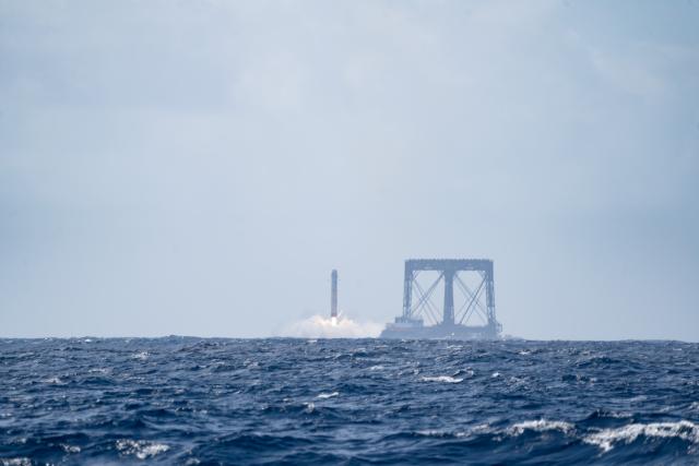 (260211) -- WENCHANG, Feb. 11, 2026 (Xinhua) -- The first stage of the Long March-10 carrier rocket safely splashes down in the predetermined sea area in a controlled manner as planned, Feb. 11, 2026. A low-altitude demonstration and verification flight test for the Long March-10 carrier rocket and a maximum dynamic pressure abort flight test for the new-generation crewed spaceship system Mengzhou are successfully conducted at the Wenchang Spacecraft Launch Site in south China's Hainan Province on Wednesday. (Photo by Han Qingce/Xinhua)