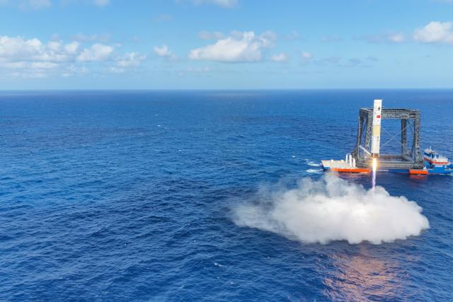 (260211) -- WENCHANG, Feb. 11, 2026 (Xinhua) -- The first stage of the Long March-10 carrier rocket safely splashes down in the predetermined sea area in a controlled manner as planned, Feb. 11, 2026. A low-altitude demonstration and verification flight test for the Long March-10 carrier rocket and a maximum dynamic pressure abort flight test for the new-generation crewed spaceship system Mengzhou are successfully conducted at the Wenchang Spacecraft Launch Site in south China's Hainan Province on Wednesday. (Photo by Han Qingce/Xinhua)