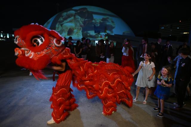 (260211) -- BRASILIA, Feb. 11, 2026 (Xinhua) -- People enjoy a lion dance performance to celebrate the upcoming Spring Festival in Brasilia, Brazil, Feb. 10, 2026. (Photo by Lucio Tavora/Xinhua)
