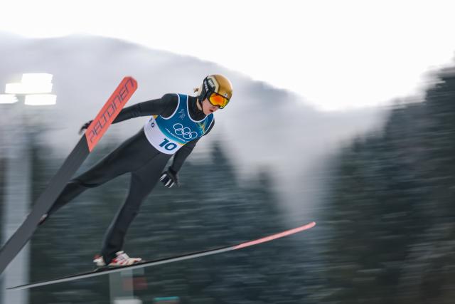 (260211) -- PREDAZZO, Feb. 11, 2026 (Xinhua) -- Wille Karhumaa of Finland competes during the Nordic Combined Individual Gundersen Normal Hill/10km at the 2026 Milan-Cortina Winter Olympics in Predazzo, Italy, Feb. 11, 2026. (Xinhua/Huang Wei)