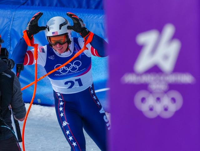 (260211) -- BORMIO, Feb. 11, 2026 (Xinhua) -- Sam Morse of the United States reacts after the alpine skiing men's Super-G at the Milan-Cortina 2026 Olympic Winter Games in Bormio, Italy, Feb. 11, 2026. (Xinhua/Yan Linyun)