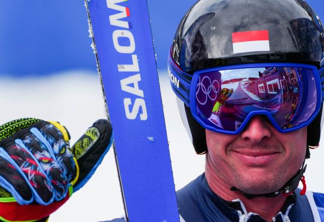 (260211) -- BORMIO, Feb. 11, 2026 (Xinhua) -- Arnaud Alessandria of Monaco reacts after the alpine skiing men's Super-G at the Milan-Cortina 2026 Olympic Winter Games in Bormio, Italy, Feb. 11, 2026. (Xinhua/Yan Linyun)