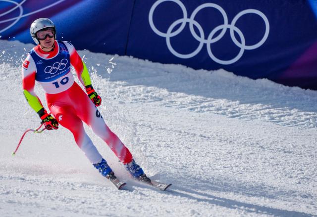 (260211) -- BORMIO, Feb. 11, 2026 (Xinhua) -- Marco Odermatt of Switzerland reacts after the alpine skiing men's Super-G at the Milan-Cortina 2026 Olympic Winter Games in Bormio, Italy, Feb. 11, 2026. (Xinhua/Yan Linyun)