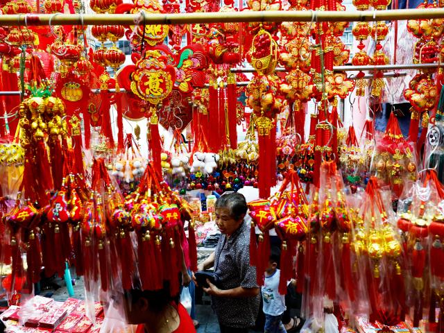 (260211) -- YANGON, Feb. 11, 2026 (Xinhua) -- This photo taken on Feb. 11, 2026 shows Chinese New Year decorations at a shop in Chinatown of Yangon, Myanmar. (Xinhua/Myo Kyaw Soe)