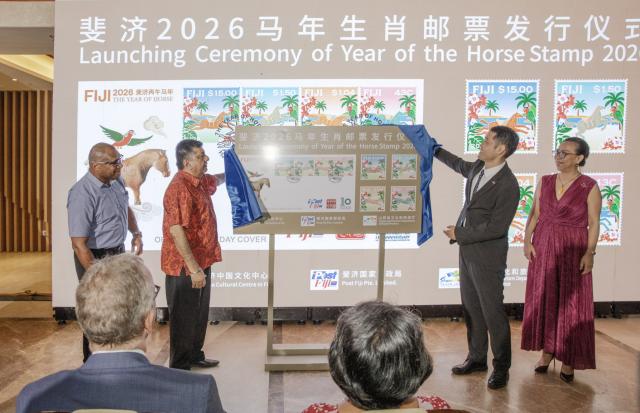 (260211) -- SUVA, Feb. 11, 2026 (Xinhua) -- This photo taken on Feb. 10, 2026 shows the launching ceremony of commemorative stamps marking the upcoming Chinese New Year of the Horse in Suva, Fiji. Post Fiji and the China Cultural Center in Fiji jointly issued a set of commemorative stamps marking the upcoming Chinese New Year of the Horse in the capital city of Suva on Tuesday evening. (Photo by Chen Peng/Xinhua)