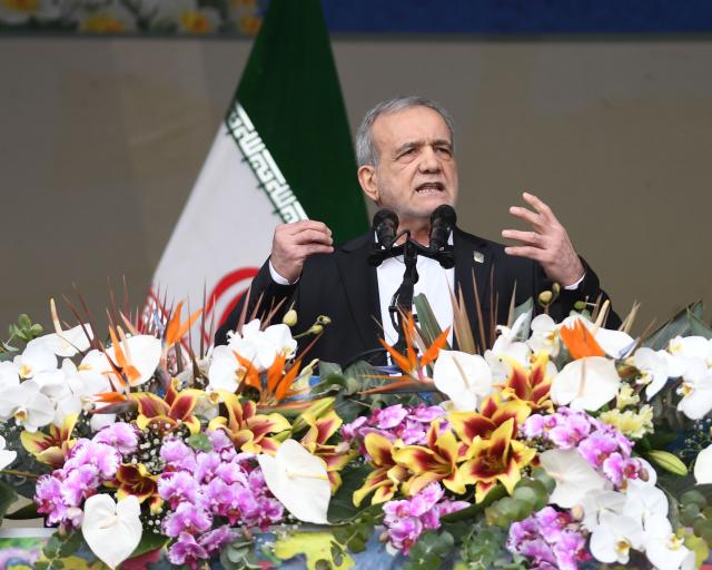 (260211) -- TEHRAN, Feb. 11, 2026 (Xinhua) -- Iranian President Masoud Pezeshkian delivers a speech at the celebrations to mark the 47th anniversary of the 1979 Islamic Revolution in Tehran, Iran, Feb. 11, 2026. The "wall of distrust" created by the West and U.S. excessive demands impede the progress of nuclear talks between Tehran and Washington, Iranian President Masoud Pezeshkian said here Wednesday.
   He made the remarks while delivering a speech at the celebrations in the capital to mark the 47th anniversary of the 1979 Islamic Revolution.
   Pezeshkian said Iran does not seek nuclear weapons and is "ready for any verification of that." (Xinhua/Shadati)