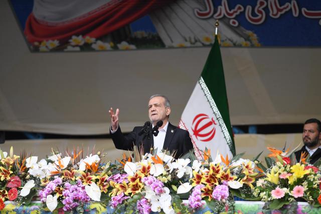 (260211) -- TEHRAN, Feb. 11, 2026 (Xinhua) -- Iranian President Masoud Pezeshkian delivers a speech at the celebrations to mark the 47th anniversary of the 1979 Islamic Revolution in Tehran, Iran, Feb. 11, 2026. The "wall of distrust" created by the West and U.S. excessive demands impede the progress of nuclear talks between Tehran and Washington, Iranian President Masoud Pezeshkian said here Wednesday.
   He made the remarks while delivering a speech at the celebrations in the capital to mark the 47th anniversary of the 1979 Islamic Revolution.
   Pezeshkian said Iran does not seek nuclear weapons and is "ready for any verification of that." (Xinhua/Shadati)