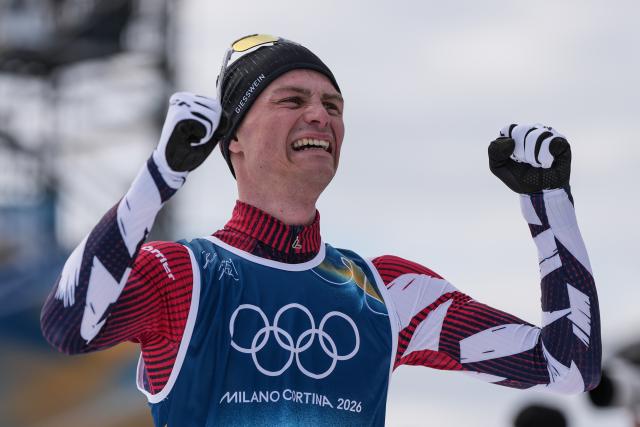 (260211) -- TESERO, Feb. 11, 2026 (Xinhua) -- Johannes Lamparter of Austria celebrates after the Cross-Country competition of Nordic Combined Individual Gundersen Normal Hill/10km at the Milan-Cortina 2026 Olympic Winter Games in Tesero, Italy, Feb. 11, 2026. (Xinhua/Peng Ziyang)