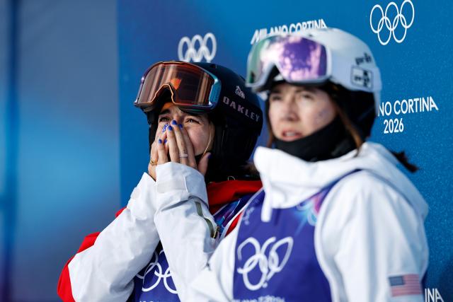 (260211) -- LIVIGNO, Feb. 11, 2026 (Xinhua) -- Perrine Laffont of France reacts after the freestyle skiing women's moguls final at the Milan-Cortina 2026 Olympic Winter Games in Livigno, Italy, Feb. 11, 2026. (Xinhua/Wang Peng)