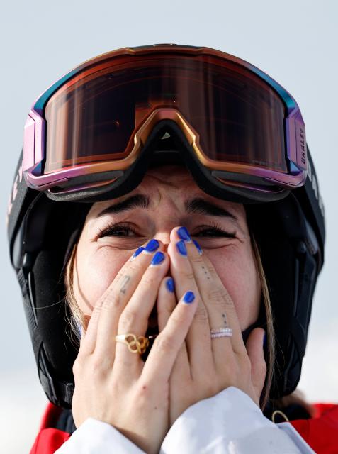 (260211) -- LIVIGNO, Feb. 11, 2026 (Xinhua) -- Perrine Laffont of France reacts after the freestyle skiing women's moguls final at the Milan-Cortina 2026 Olympic Winter Games in Livigno, Italy, Feb. 11, 2026. (Xinhua/Wang Peng)