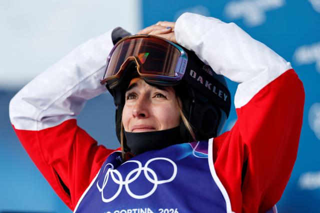 (260211) -- LIVIGNO, Feb. 11, 2026 (Xinhua) -- Perrine Laffont of France reacts after the freestyle skiing women's moguls final at the Milan-Cortina 2026 Olympic Winter Games in Livigno, Italy, Feb. 11, 2026. (Xinhua/Wang Peng)