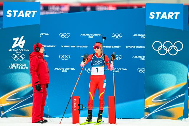 (260211) -- ANTERSELVA, Feb. 11, 2026 (Xinhua) -- Chu Yuanmeng of China is ready to depart during the biathlon women's 15km individual match at the Milan-Cortina 2026 Olympic Winter Games in Anterselva, Italy, Feb. 11, 2026. (Xinhua/Jiang Han)