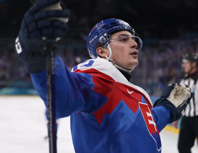 (260211) -- MILAN, Feb. 11, 2026 (Xinhua) -- Dalibor Dvorsky of Slovakia celebrates scoring during the ice hockey men's preliminary round group B match between Finland and Slovakia at the Milan-Cortina 2026 Olympic Winter Games in Milan, Italy, Feb. 11, 2026. (Xinhua/Wang Kaiyan)