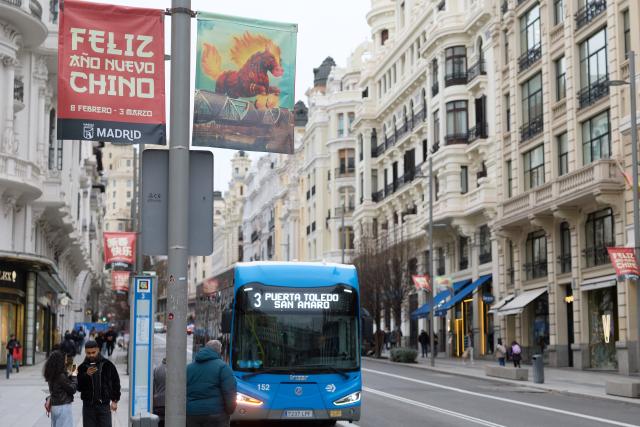 (260212) -- MADRID, Feb. 12, 2026 (Xinhua) -- A poster themed on the Chinese New Year is seen in Madrid, Spain, on Feb. 11, 2026. (Xinhua/Meng Dingbo)