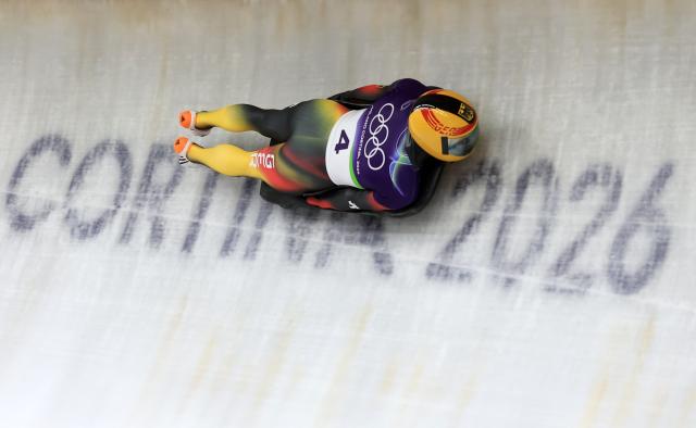 (260212) -- CORTINA D'AMPEZZO, Feb. 12, 2026 (Xinhua) -- Axel Jungk of Germany competes during the skeleton men heat at the 2026 Milan-Cortina Winter Olympics in Cortina D'Ampezzo, Italy, Feb. 12, 2026. (Xinhua/Ding Xu)